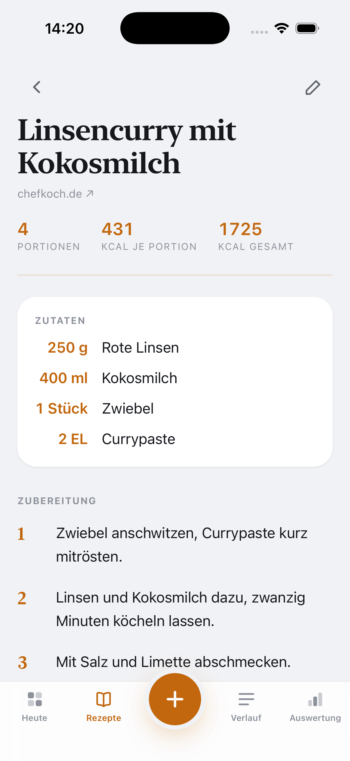 Ein Rezept: Linsencurry mit Kokosmilch, 4 Portionen, 431 kcal je Portion, Zutaten und Zubereitung.